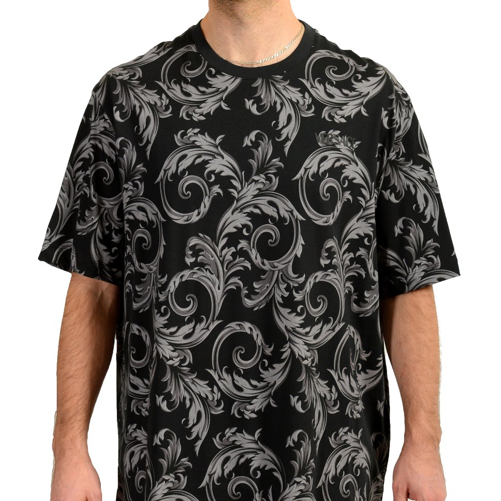 Versace Men's Black Barocco Logo Print Short Sleeve T-Shirt Us 2xl It 56